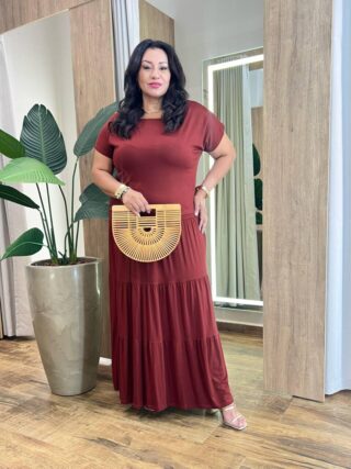 Conjunto Feminino Malha Plus Cropped sem Bojo e Saia Longa TerraCota - Fernanda Ramos Store