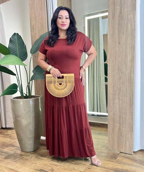 Conjunto Feminino Malha Plus Cropped sem Bojo e Saia Longa TerraCota - Fernanda Ramos Store