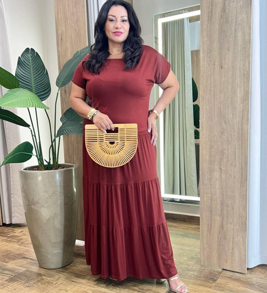 Conjunto Feminino Malha Plus Cropped sem Bojo e Saia Longa TerraCota - Fernanda Ramos Store