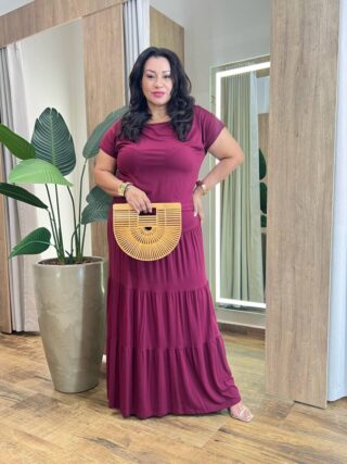 Conjunto Feminino Malha Plus Cropped sem Bojo e Saia Longa Vinho - Fernanda Ramos Store