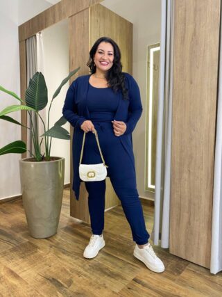 Conjunto Feminino Moletinho Cardigan Regata e Calça Azul - Fernanda Ramos Store