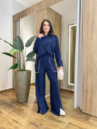 Conjunto Feminino Moletinho Cintia Blusa Manga Longa e Calça Azul - Fernanda Ramos Store