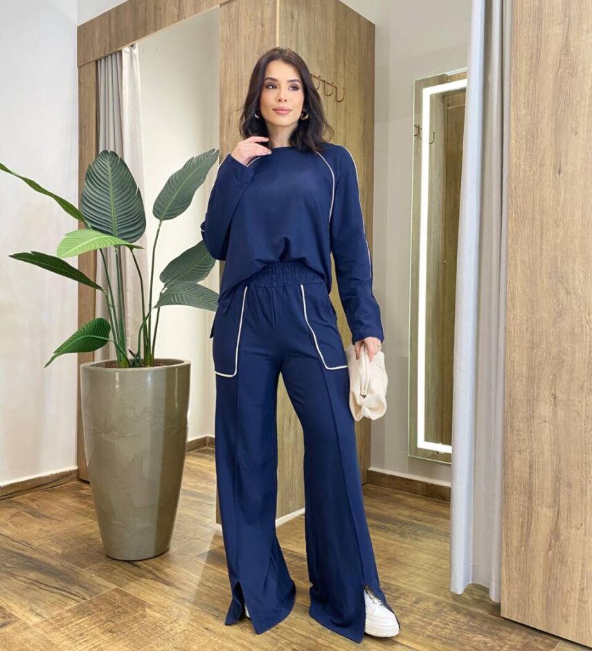 Conjunto Feminino Moletinho Cintia Blusa Manga Longa e Calça Azul - Fernanda Ramos Store