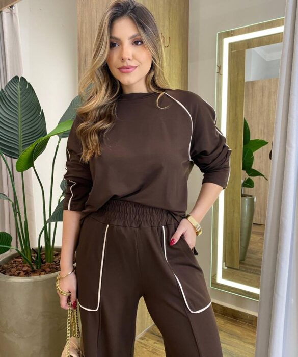 Conjunto Feminino Moletinho Cintia Blusa Manga Longa e Calça Marrom - Fernanda Ramos Store