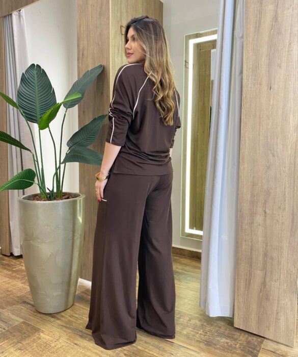 Conjunto Feminino Moletinho Cintia Blusa Manga Longa e Calça Marrom - Fernanda Ramos Store