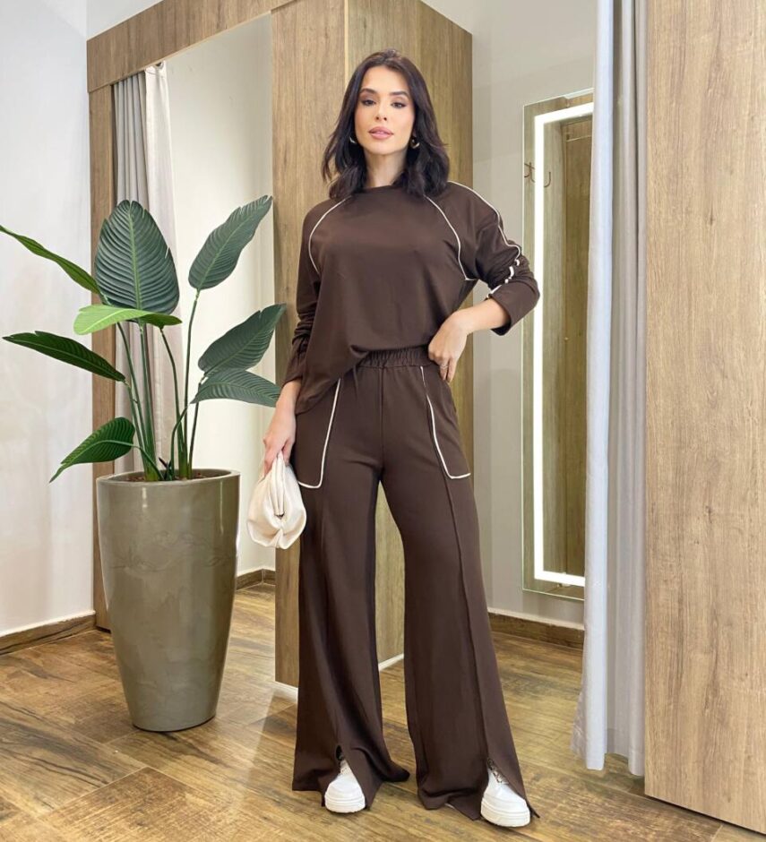 Conjunto Feminino Moletinho Cintia Blusa Manga Longa e Calça Marrom - Fernanda Ramos Store