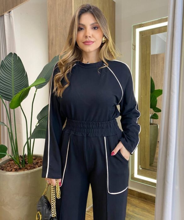 Conjunto Feminino Moletinho Cintia Blusa Manga Longa e Calça Preto - Fernanda Ramos Store