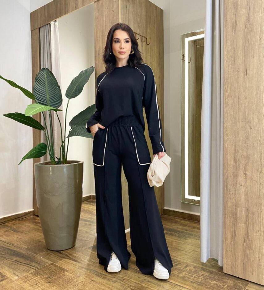 Conjunto Feminino Moletinho Cintia Blusa Manga Longa e Calça Preto - Fernanda Ramos Store