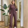 Conjunto Feminino Moletinho Elen Blusa com Drapiado e Calça Marrom - Fernanda Ramos Store
