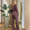 Conjunto Feminino Moletinho Elen Blusa com Drapiado e Calça Marrom - Fernanda Ramos Store