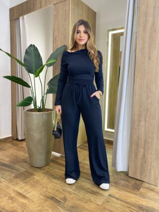 Conjunto Feminino Moletinho Elen Blusa com Drapiado e Calça Preto - Fernanda Ramos Store