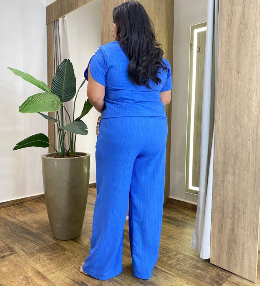 Conjunto Feminino Plus Blusa Manga Curta com Botões e Calça Azul - Fernanda Ramos Store