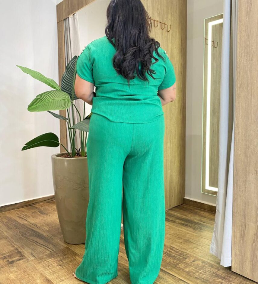 Conjunto Feminino Plus Blusa Manga Curta com Botões e Calça Verde - Fernanda Ramos Store