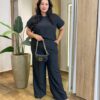 Conjunto Feminino Plus Blusa Manga Curta com Botões e Calça Preto - Fernanda Ramos Store