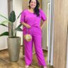 Conjunto Feminino Plus Blusa Manga Curta e Calça com Textura Fúcsia - Fernanda Ramos Store