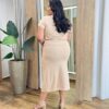 Conjunto Feminino Plus Blusa Manga Curta e Saia Midi com Fenda Bege - Fernanda Ramos Store