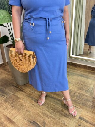 Conjunto Feminino Plus Blusa Manga Curta e Saia Midi Detalhes Azul - Fernanda Ramos Store