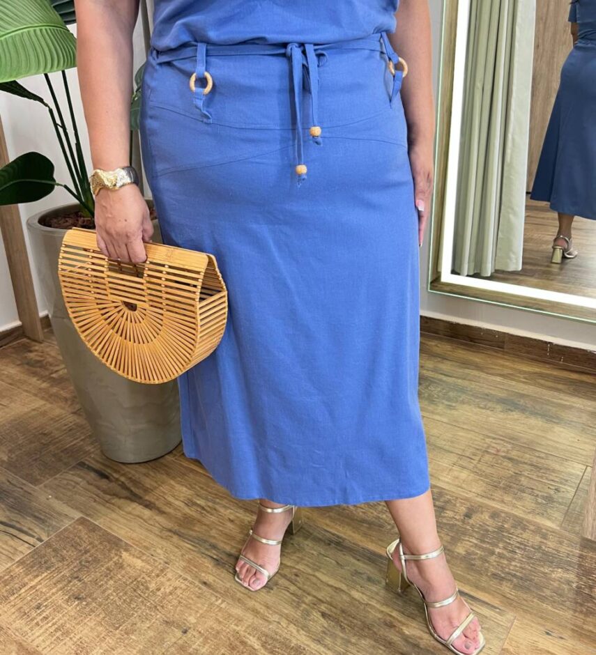 Conjunto Feminino Plus Blusa Manga Curta e Saia Midi Detalhes Azul - Fernanda Ramos Store