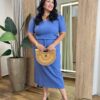 Conjunto Feminino Plus Blusa Manga Curta e Saia Midi Detalhes Azul - Fernanda Ramos Store
