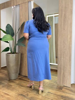 Conjunto Feminino Plus Blusa Manga Curta e Saia Midi Detalhes Azul - Fernanda Ramos Store