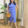 Conjunto Feminino Plus Blusa Manga Muscle e Saia Midi com Fenda Azul - Fernanda Ramos Store