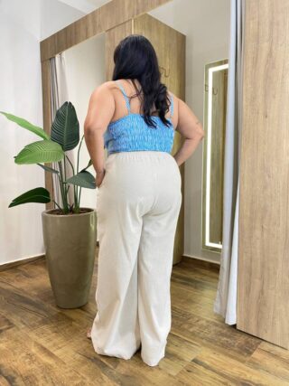 Conjunto Feminino Plus Cropped com Bojo e Camisa Listrada Azul - Fernanda Ramos Store