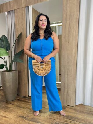 Conjunto Feminino Plus Cropped com Botões e Calça Azul - Fernanda Ramos Store