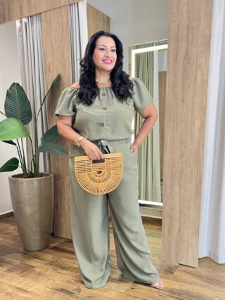 Conjunto Feminino Plus Cropped e Calça com Amarração Verde Oliva - Fernanda Ramos Store