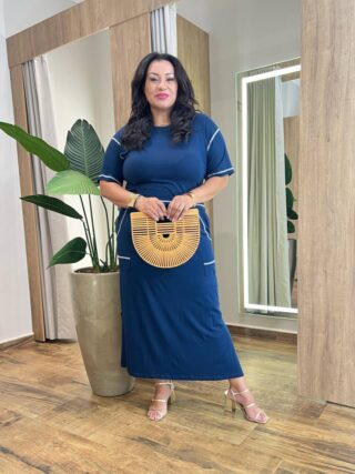 Conjunto Feminino Plus Isis Blusa Manga Curta e Saia Longa Midi Azul - Fernanda Ramos Store
