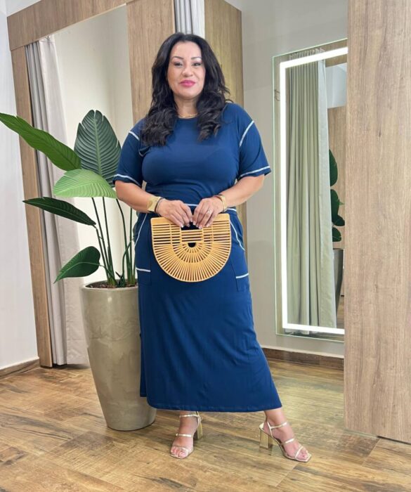 Conjunto Feminino Plus Isis Blusa Manga Curta e Saia Longa Midi Azul - Fernanda Ramos Store