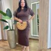 Conjunto Feminino Plus Isis Blusa Manga Curta e Saia Longa Midi Marrom - Fernanda Ramos Store