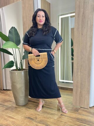 Conjunto Feminino Plus Isis Blusa Manga Curta e Saia Longa Midi Preto - Fernanda Ramos Store
