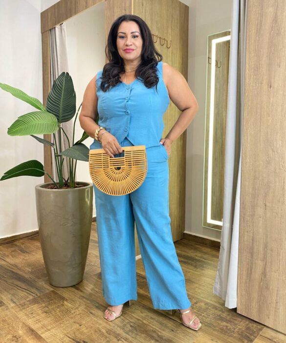 Conjunto Feminino Plus Luiza Colete e Calça Azul Celeste - Fernanda Ramos Store