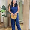 Conjunto Feminino Plus Regata e Calça com Detalhe e Botões Azul - Fernanda Ramos Store