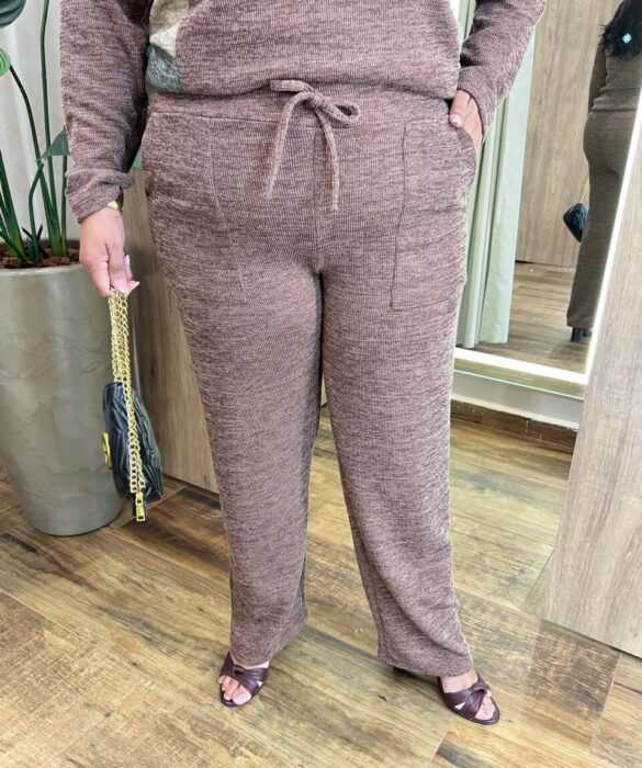 Conjunto Feminino Tricot Blusa Manga Longa e Calça Mesclada Marrom - Fernanda Ramos Store