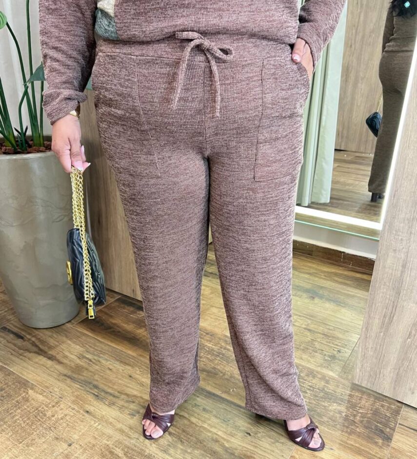 Conjunto Feminino Tricot Blusa Manga Longa e Calça Mesclada Marrom - Fernanda Ramos Store
