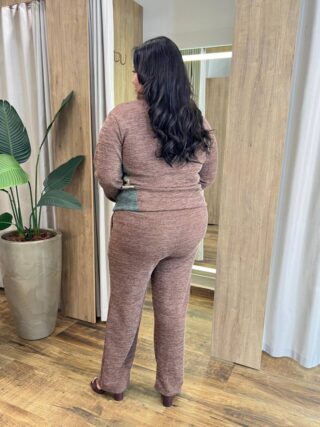 Conjunto Feminino Tricot Blusa Manga Longa e Calça Mesclada Marrom - Fernanda Ramos Store