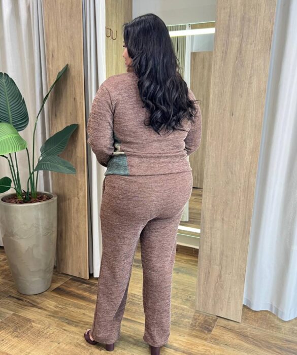 Conjunto Feminino Tricot Blusa Manga Longa e Calça Mesclada Marrom - Fernanda Ramos Store