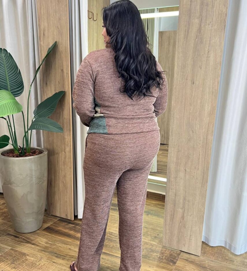 Conjunto Feminino Tricot Blusa Manga Longa e Calça Mesclada Marrom - Fernanda Ramos Store