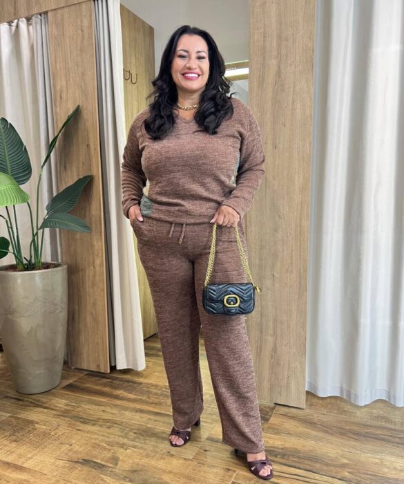 Conjunto Feminino Tricot Blusa Manga Longa e Calça Mesclada Marrom - Fernanda Ramos Store