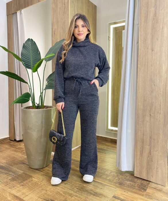 Conjunto Feminino Tricot Camily Blusa Gola Alta e Calça Mesclado - Fernanda Ramos Store