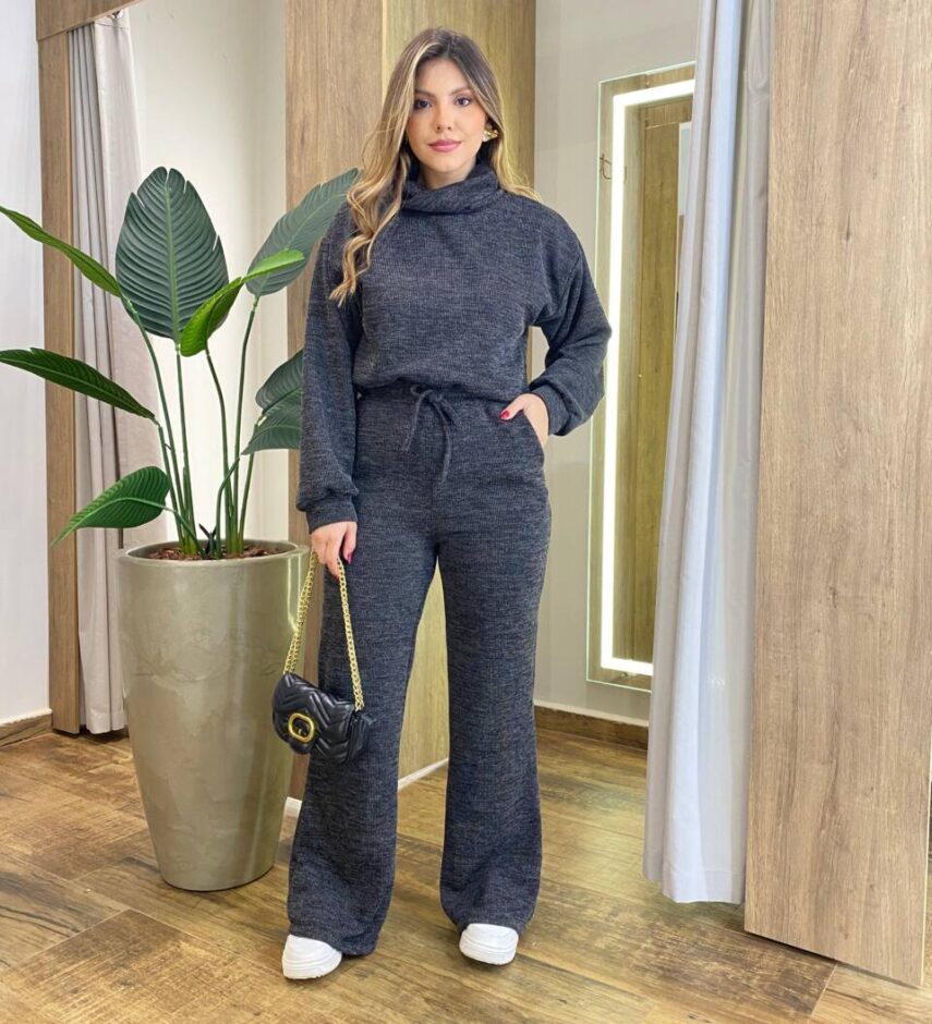 Conjunto Feminino Tricot Camily Blusa Gola Alta e Calça Mesclado - Fernanda Ramos Store