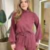 Conjunto Feminino Tricot Camily Blusa Gola Alta e Calça Vinho - Fernanda Ramos Store