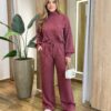 Conjunto Feminino Tricot Camily Blusa Gola Alta e Calça Vinho - Fernanda Ramos Store