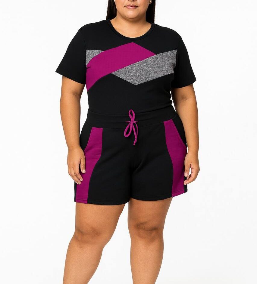 Conjunto Plus Blusa Manga Curta com Faixas Fúcsia e Short Preto - Fernanda Ramos Store