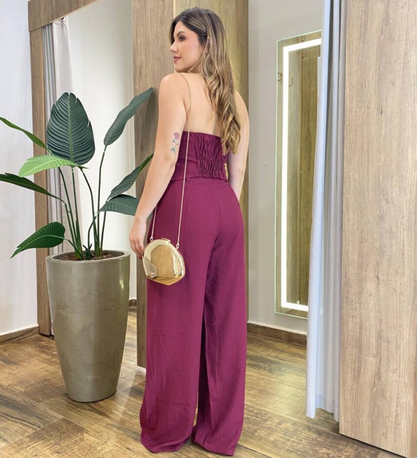 Conjunto Mayla Cropped Tomara que Caia sem Bojo e Calça Vinho - Fernanda Ramos Store