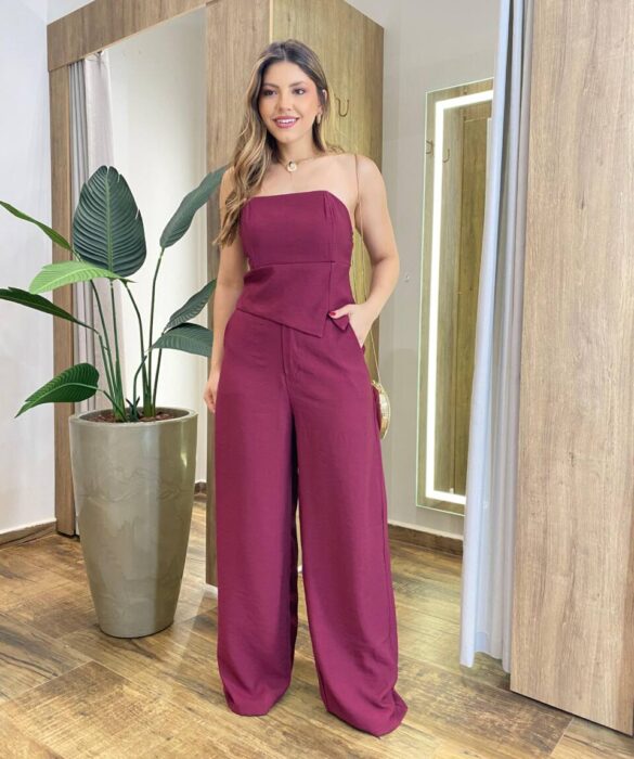 Conjunto Mayla Cropped Tomara que Caia sem Bojo e Calça Vinho - Fernanda Ramos Store