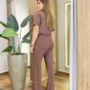 Conjunto Moletinho Estela Cropped Manga Curta e Calça Marrom - Fernanda Ramos Store