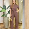 Conjunto Moletinho Estela Cropped Manga Curta e Calça Marrom - Fernanda Ramos Store