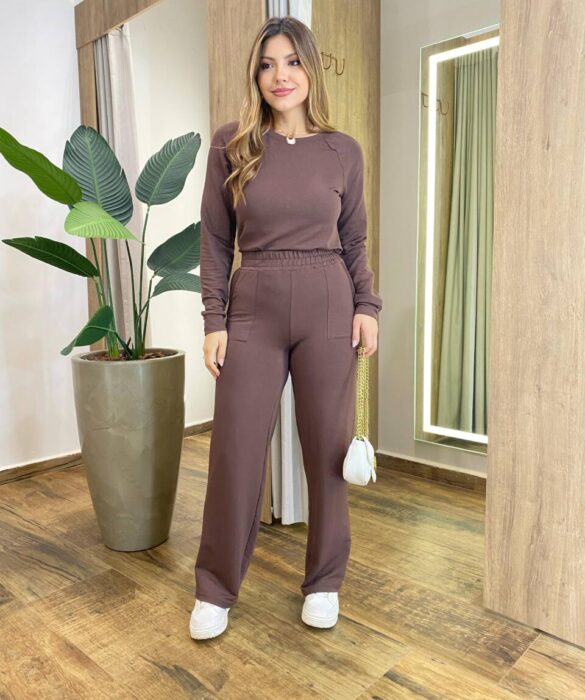 Conjunto Moletinho Pérola Blusa Manga Longa e Calça Chocolate - Fernanda Ramos Store